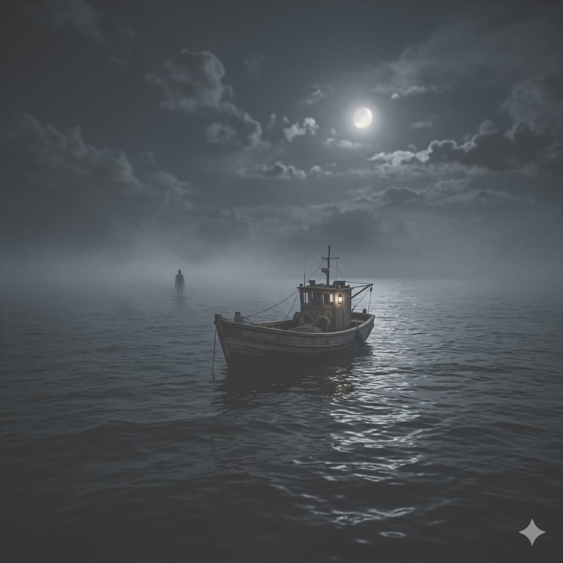 Una barca da pesca ferma in mare di notte, la lanterna accesa in cabina, la luna fra le nuvole